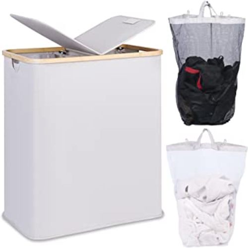efluky Double Laundry Hamper with Lid, Divided Laundry Hamper with Removable Bags, 2 Section Dirty Clothes Basket with Handles for Bathroom, Bedroom & Laundry Room, 140L Light Grey