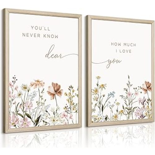 Girl Nursery Floral Wall Art Decor Boho Wildflower Canvas Wall Decor Baby Girl Room Flower Poster Vintage Nursery Botanical Art Prints Pink Coastal Pictures for Toddler Bedroom 16x24x2 Inch Framed