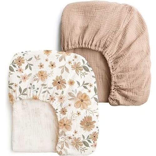 Konssy Muslin Crib Sheets 2 PCS, 100% Cotton Crib Sheet for Standard Crib Mattress(28"x 52"), Fitted and Soft Breathable Crib Mattress Sheet for Girls and Boys(Peach,Floral)