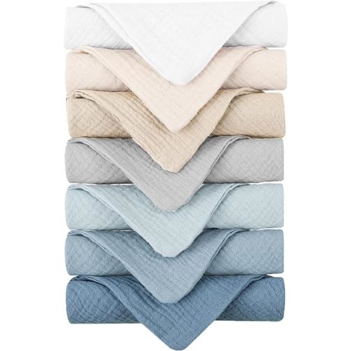 Konssy Baby Muslin Washcloths 7 Pack -100% Cotton Baby Bath Towels, Soft Baby Wash Cloths and Absorbent Burp Cloths for Newborn Kids Girls and Boys, 11x11 inches