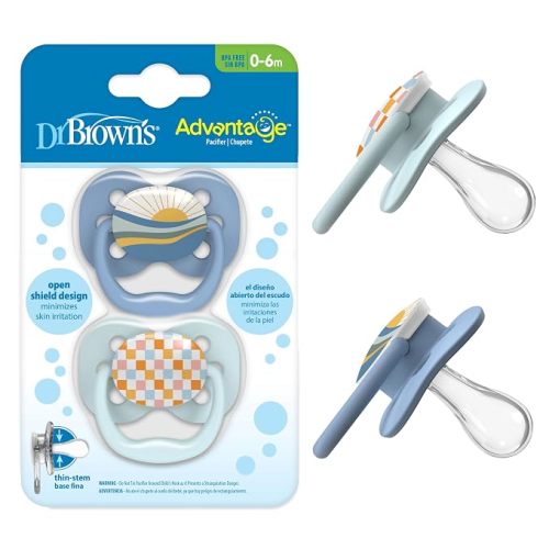 Dr. Brown's Advantage Baby Pacifier, Fully Symmetrical Soother with Soft Silicone Bulb, Blue Sunrise, 0-6m, BPA Free, 2 Pack