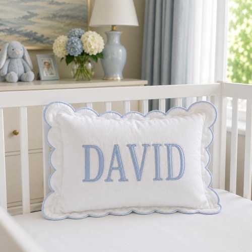 Personalized Baby Name Pillow, Scalloped Nursery Throw Pillow Cover, Custom Embroidered Baby Gift, New Baby Shower Grandmillennial Decor