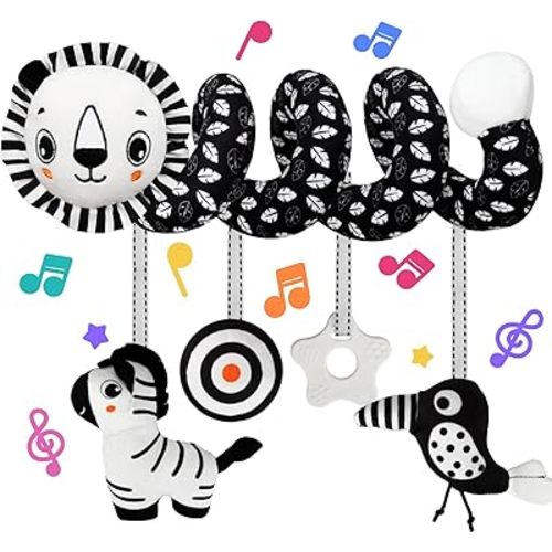 TSYAN Car Seat Toys for Babies 0-6 Months,Hanging Rattle Toys for Crib Mobile, Baby Spiral Hanging Stroller Black and White High Contrast Toys for Newborn 0 3 6 9 12 Months Baby Boys Girls (Lion)