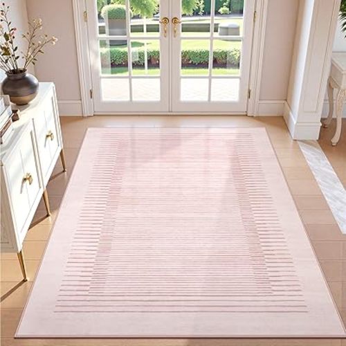Wonnitar Washable Striped Living Room Area Rug 5x7, Non-Slip Berber Stripe Pink Area Rugs for Bedroom Girls, Low Pile Soft Soft Large Throw Carpet for Kids Nursery Room (Pink,5' x 7')