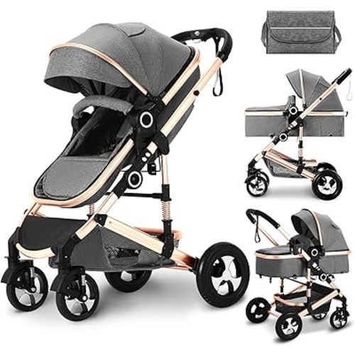 Kinder King 2 in 1 Convertible Baby Stroller, Folding High Landscape Infant Carriage, Newborn Reversible Bassinet Pram, Adjustable Canopy, Diaper Bag, Anti-Shock Toddler Pushchair Stroller, Gold