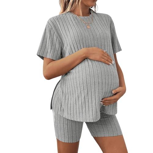 MakeMeChic Women's Maternity Pajamas 2 Piece Lounge Set Ribbed Knit T Shirt Biker Shorts Sleepwear Tracksuit