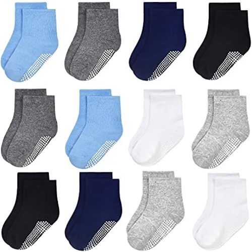 GRPSKCOS Baby Socks Boys Girls, 12 Pairs Non Slip Socks Anti Skid Sticky Cotton Socks for 0-7 Years Infant Toddler Kids