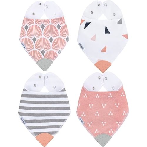Bazzle Baby 4pack Banda Teether Bibs for Natural Teething Relief, Bandana style Super Absorbent Cotton Bib