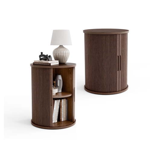 LINSY HOME Fluted Round End Tables for Living Room, Nightstand for Bedroom with with Sliding Tambour Door and Adjustable Shelves, Walnut(1 Pcs)