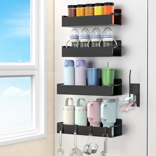 Magnetic Water Bottle Holder for Fridge Black, 4 Pack | Tumbler Organizer with Hooks, Cup Holder Organizer Storage, Refrigerator Shelf for Stanley, Owala