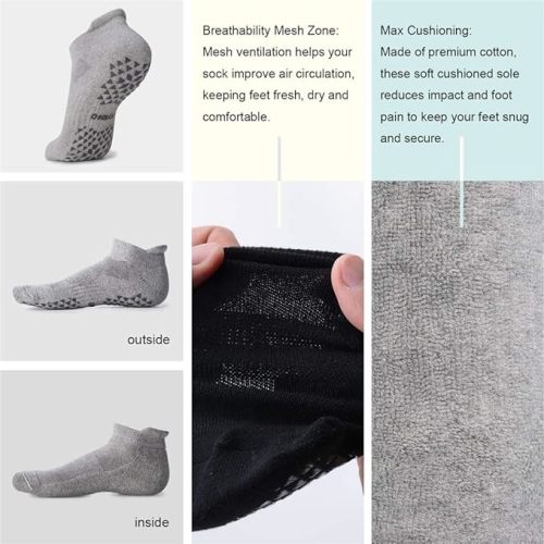 Hylaea Unisex Non Slip Grip Socks for Yoga, Hospital, Pilates, Barre | Ankle, Cushioned - Small-Medium - 2 Pairs Black Grey