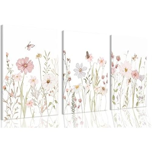 MTFBWY 3Pcs Framed Wildflower Canvas Wall Art – Pink Floral Wall Art Watercolor Prints, Colorful Flower Pictures Decor Printing for Living Room, Girls Bedroom, or Bathroom, 12"x16" Canvas