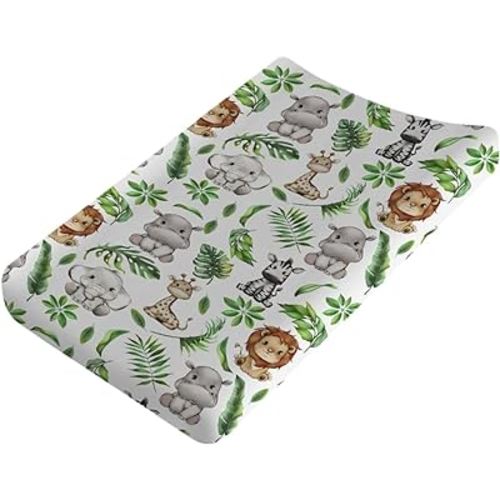 Tropical Jungle Safari Animals Leaves Changing Pad Covers Elephant Giraffe Zebra Lion Hippo Diaper Change Table Sheets for Girls Boys Soft Stretchy Snug Fitted Changing Mats Cover 32''x16''