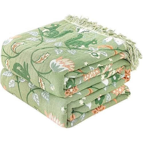 MSGKV Boho Throw Blanket for Couch and Sofa Cotton Blankets for Living Room Bedroom Reversable Florals and Animals Throw 60"x80" Breathable Cozy Blankets