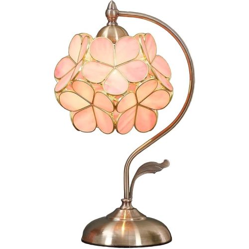 Bieye L10732 Tiffany Style Stained Glass Flower Petal Table Lamp with Brass Base for Home Décor (Pink, 8" Cherry Blossom)