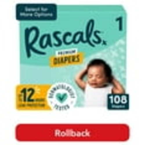 Rascals Premium Absorbent Baby Diapers Size 1, 108 Count (Select for More Options)