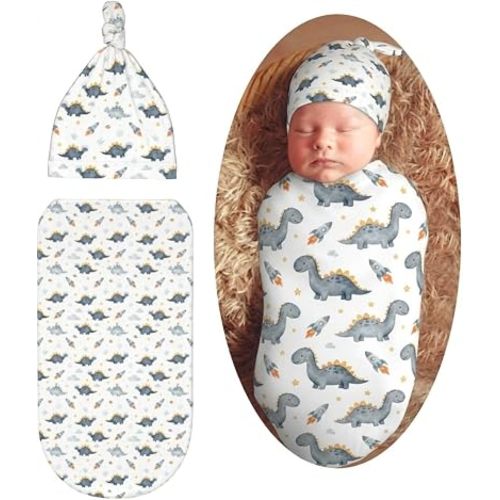 Space Dinosaur Swaddle Blanket with Beanie Hat Set Soft Newborn Swaddle Wrap Receiving Blanket Shower Gift