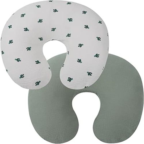 Onacosht Muslin Nursing Pillow Cover 2 Pack 100% Cotton Ultra Soft Breastfeeding Pillow Covers for Baby Boy and Girl, Cactus and Green
