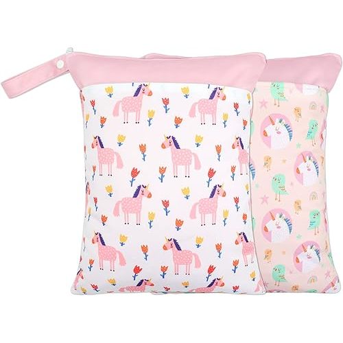 2 Pack Wet Dry Bags for Baby Cloth Diapers&Breast Pump Parts, Waterproof Reusable Wet Bag with Two Zippered Pockets & Handle, Beach Pool Gym Bag Stroller Yoga Toiletries Daycare Organizer for Swimsuit Wet Clothes, 11.8 inch x 15.7inch