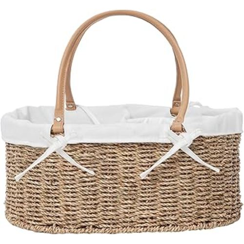 Handwoven Wicker Diaper Caddy Organizer, Multi - functional Baby Diaper Bag for Nursery & Home Storage, Detachable Lining, PU Handles, Baby Registry Must Haves (Seagrass)