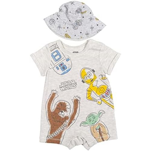 STAR WARS The Mandalorian Grogu Yoda R2-D2 Chewbacca C-3PO Baby Romper and Bucket Sun Hat Newborn to Infant