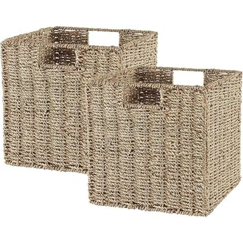 Vagusicc Wicker Storage Basket, Set of 2 Seagrass Storage Baskets, Foldable Wicker Basket 11 Inch Square Cube Storage Bins Storage Baskets for Organizing Shelf Baskets, 11''x11''x11''