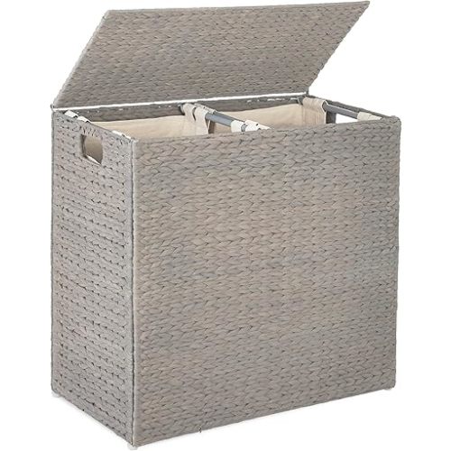 Best Choice Products Large Double Laundry Hamper with Lid, Natural Handwoven Water Hyacinth, 2 Sections w/ 2 Machine Washable Linen Liner Bags, Portable, Handles - Gray