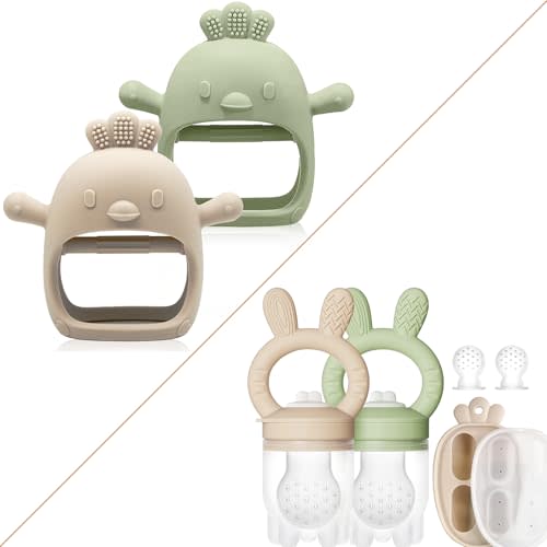 Baby Teething Relief Package, Teething Mitten & Freezer Teether Feeder for 0-6 6-12 Months Babies, 100% Food Grade Silicone, BPA Free