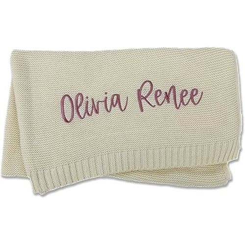 Hickory Hollow Designs Personalized Baby Blanket with Name, Cream Baby Blanket, 100% Cotton, Knitted Blanket, Embroidered Name Blanket, (Cream)