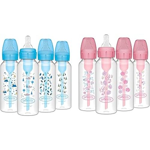 Dr. Brown's Natural Flow Anti-Colic Options+ Narrow Baby Bottles, Pink Floral & Blue Nature, 8 oz/250 mL , Level 1 Slow Flow Nipples, 0m+, 8 Pack