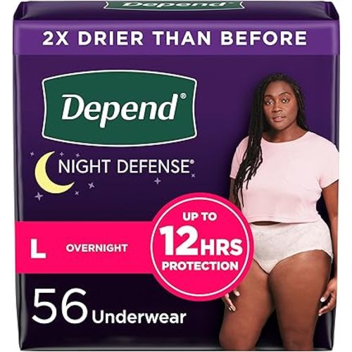 Depend Night Defense Adult Incontinence & Postpartum Bladder Leak Underwear for Women, Disposable, Overnight, Large, Blush, 56 Count (4 Packs of 14), Packaging May Vary