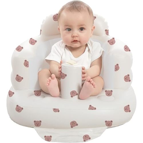 Inflatable Baby Seat for Babies 3-36 Months, Built in Air Pump Baby Chair Sit Me up Floor Seat for Baby, Bumbo Seat for Learning to Sit, Feeding, Camping (Bear)