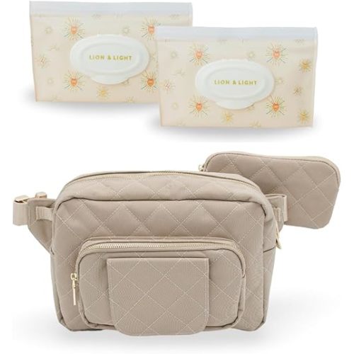 Lion & Light Diaper Bag – Mini Diaper Bag with Changing Pad and 2-Pack Baby Wipes Dispenser | Fanny pack crossbody bags with Reusable Wipes Case | Baby Tote with Adjustable Strap & Zippered Pockets