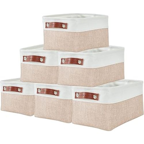 DECOMOMO Small Storage Basket, Closet Storage Bins, Baskets for Organizing Shelves (Beige & White, Small - 6 Pack)