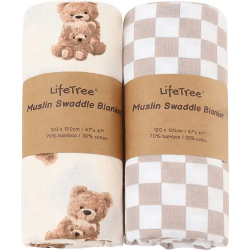 LifeTree Muslin Swaddle Blankets Neutral, Baby Swaddling Wrap Nursery Receiving Blanket for Boys & Girls Unisex, Soft Bamboo Cotton, Large 47 x 47 inches, Bear & Checkered Coffee
