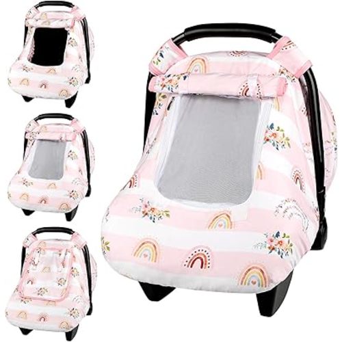 Pea Pod Car Seat Cover Baby, Infant Car Seat Canopy Covers for Newborn with 2 Layers Windows of Breathable Mesh Fabric, Lightweight Polyester/Soft Minky Dot Backing (Floral & Rainbow)