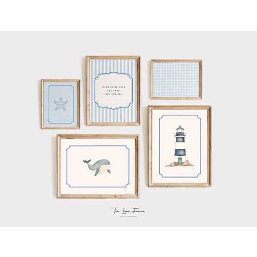Coastal Cottagecore Nursery Wall Art Set, Boys nursery wall art, Nautical Digital Downloads, Whale, Lighthouse, Starfish, Gingham and Stripe