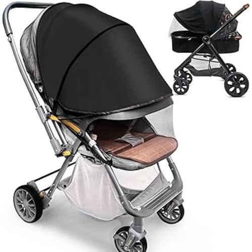 Baby Mosquito Net for Stroller Sun Shade, 2-in-1 Stroller Cover for Sun Protection with Two-Way Zipper and Storage Bag, Breathable Strollers Bug Net Suitable for Bassinet, Cradle, Car Seat – Black