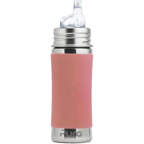 Pura Kiki 11oz/325ml Stainless Steel Sippy Cup Bottle w/Sleeve, Plastic-Free, MadeSafe Certified, Medical-Grade XL Silicone Sipper Spout Fast Flow for Kids, Toddlers, Babies & Infant - Rose Sleeve