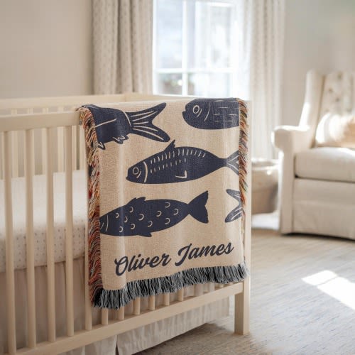 Fishing Baby Blanket, Fish Name Blanket, Baby Sea Woven Blanket, Ocean Nursery Decor, Under the Sea Baby Shower Gift, , Ocean Baby Gift