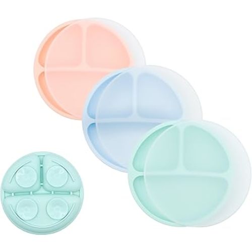 WeeSprout Suction Plates for Babies With Lids & Toddlers - 100% Silicone, Dinnerware Stays Put, Divided Design for Picky Eaters, Microwave & Dishwasher Friendly, 3 Pack