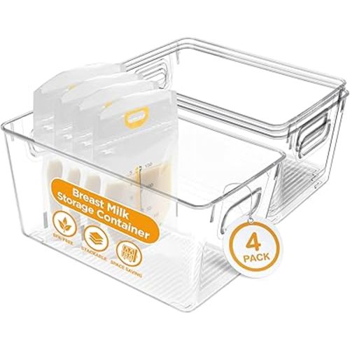 Priver - Breast Milk Freezer Storage Containers, 4 pack - Breastfeeding Essential in Organization and Storage for Milk & Baby Bottles, Reusable Freezer Organizer Bins, 5.2’’ W x 9.3" L x 4.2" H