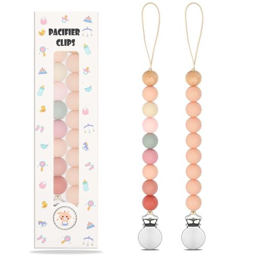 Pacifier Clips, 2PCS Baby Silicone Pacifier Clip for Boy Girl Soother Clips with Silicone Beads, 100% Food Grade Pacifier Holder for Newborn Essentials Gifts (Beige)