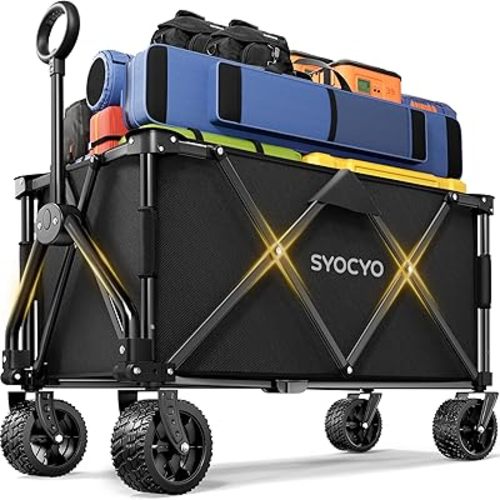 Collapsible Wagon with Big Wheels, Foldable Beach Wagon with Big All-Terrain Wheels, Large Weight Capacity Heavy Duty Carts, Black
