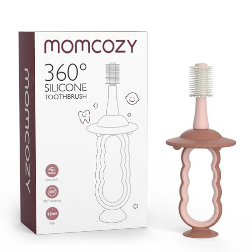 Momcozy Baby Toothbrush, 360° Toothbrush for Infant, Ultrasoft Toddler Toothbrush with Suction Base, Baby Oral Cleaner, Baby Tongue Cleaner, Pink