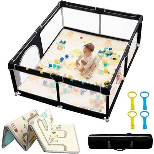 dearlomum Baby Playpen with Mat 71" X 59", Extra Large Play Yard for Babies and Toddlers, Safety Baby Fence, Indoor & Outdoor Kids Activity Play Center with Anti-Slip Suckers and Zipper Gate(Black)