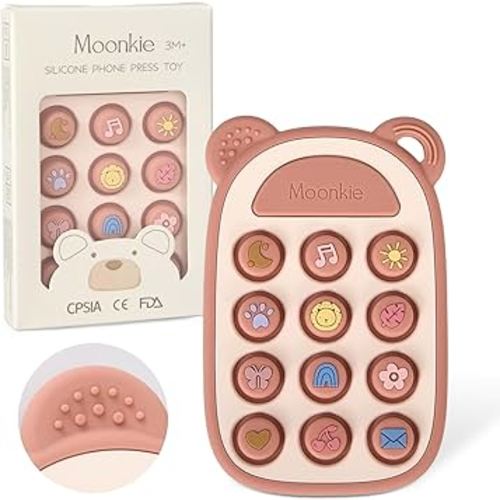Moonkie Silicone Press Phone Teething Toy for Baby 3 Months+ | Soft BPA-Free Teether with Icon & Number Pop Bubbles | Ideal Gift for Baby Girls
