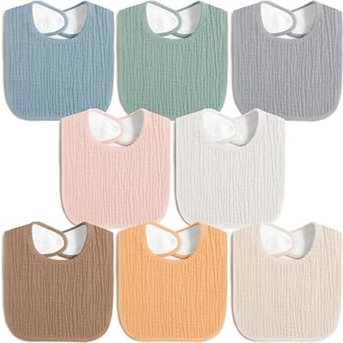 8 Pack Muslin 100% Cotton Baby Bibs for Unisex, Soft and Absorbent Gender Neutral Set for Feeding and Drooling - Green