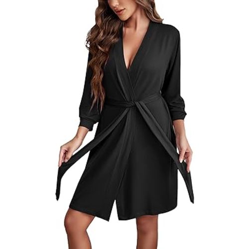 Ekouaer Women Robe Lightweight 3/4 Sleeve Knit Bathrobe Summer Soft Knee Length Sleepwear Robes with Side Pockets