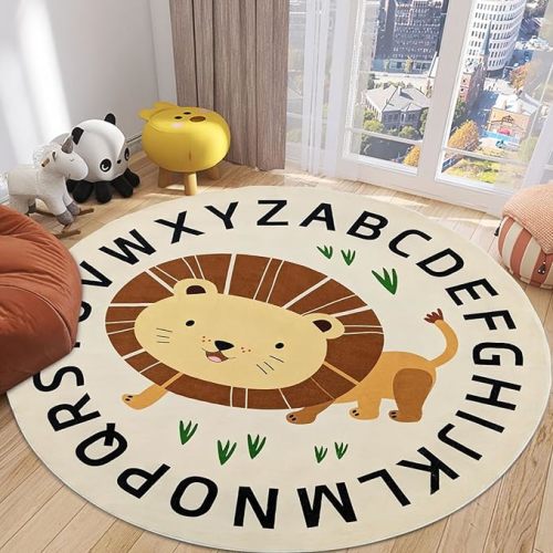 Lion Rug ABC Kids Play Mat Carpet 5Ft Large Round Safari Classroom Rug Circle Jungle Animal Rug for Baby Boys Girls Nonskid Bedroom Rug for Nursery Decor, Waking